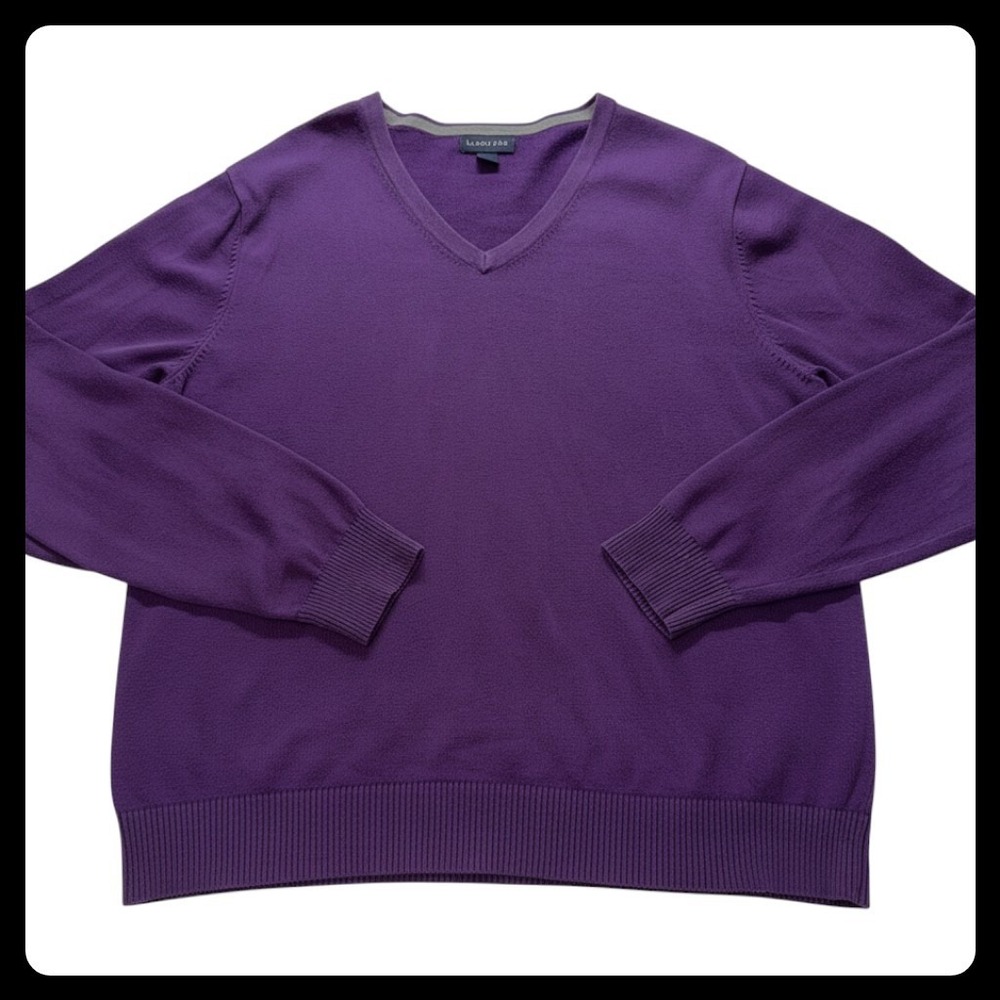 Lands End V-Neck Sweater Mens Large Purple Cotton Knit Pullover 1139